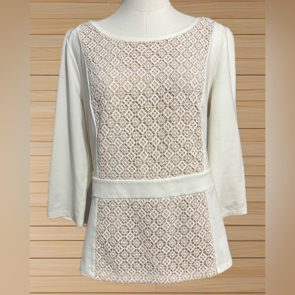 Ann Taylor Ivory Lace Inset Knit Top Romantic Feminine Boho Workwear Size L
